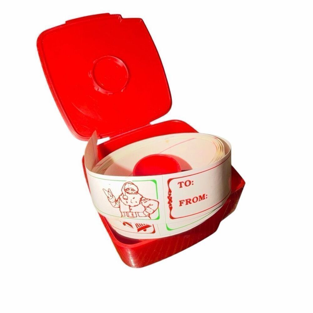Vintage TUPPERWARE Christmas  Label Stickers Dispenser 1446-3 Red with Labels
